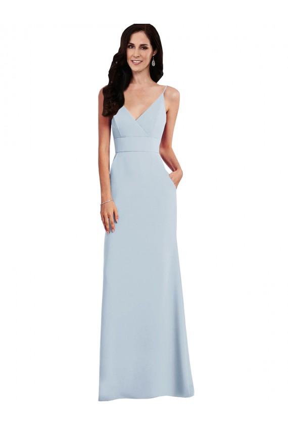 Sem Mangas Decote V Crepe Esticado Azul Céu Claro Comprimento Chão Longo Vestidos de Madrinha / Vestidos de Festa Mais Barato