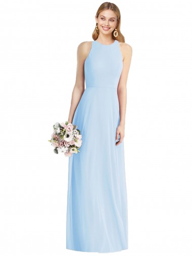 Sem Mangas Cabeçada Chiffon Azul Céu Claro Comprimento Chão Longo Vestidos de Madrinha Mais Barato