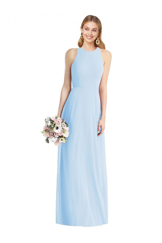Sem Mangas Cabeçada Chiffon Azul Céu Claro Comprimento Chão Longo Vestidos de Madrinha Mais Barato