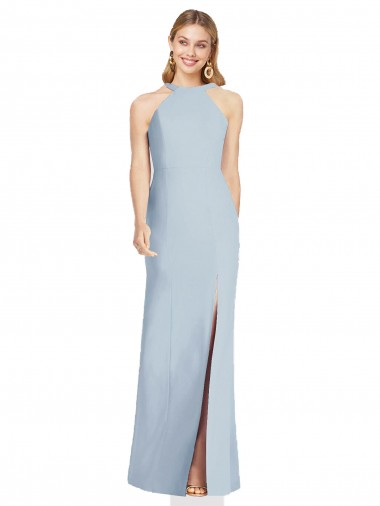 Sem Mangas Decote Alto Crepe Esticado Azul Céu Claro Comprimento Chão Vestidos de Madrinha / Vestidos de Noite Mais Barato