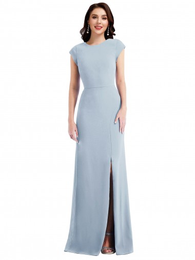 Mangas Curtas Crepe Esticado Azul Céu Claro Comprimento Chão Vestidos de Madrinha / Vestidos de Noite / Vestidos de Festa Mais Barato