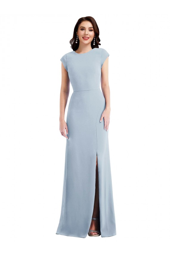 Mangas Curtas Crepe Esticado Azul Céu Claro Comprimento Chão Vestidos de Madrinha / Vestidos de Noite / Vestidos de Festa Mais Barato