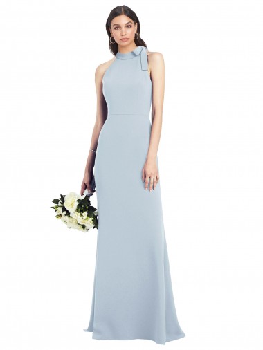 Sem Mangas Decote Alto Crepe Esticado Azul Céu Claro Comprimento Chão Vestidos de Madrinha / Vestidos de Festa Mais Barato