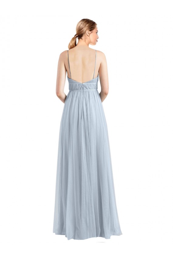 Sem Mangas Decote V Tule Azul Céu Claro Comprimento Chão Longo Vestidos de Madrinha Mais Barato