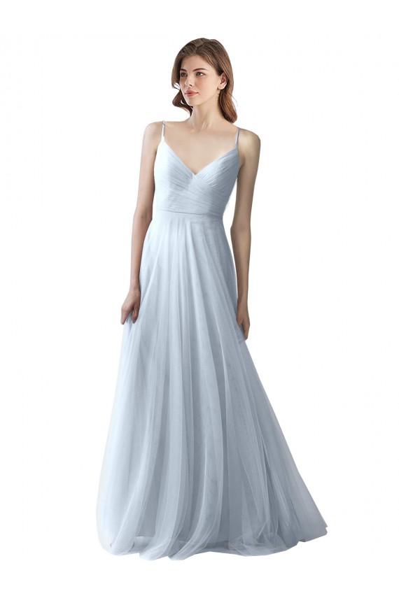 Sem Mangas Decote V Tule Azul Céu Claro Comprimento Chão Vestidos de Festa / Vestidos de Madrinha Mais Barato