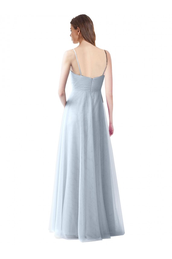Sem Mangas Decote V Tule Azul Céu Claro Comprimento Chão Vestidos de Festa / Vestidos de Madrinha Mais Barato