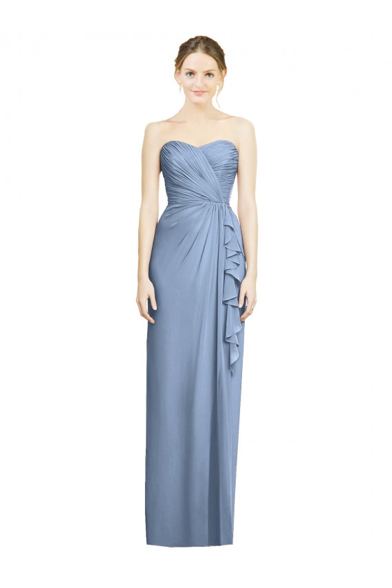 Sem Mangas Sem alças Chiffon Azul Empoeirado Comprimento Chão Vestidos de Madrinha Mais Barato
