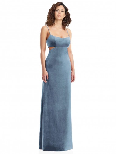 Sem Mangas Decote Quadrado Veludo Elástico Azul Empoeirado Comprimento Chão Vestidos de Madrinha / Vestidos de Noite / Vestidos de Festa Mais Barato
