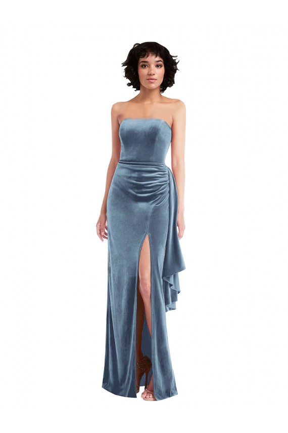 Sem Mangas Sem alças Veludo Elástico Azul Empoeirado Comprimento Chão Vestidos de Madrinha / Vestidos de Noite / Vestidos de Festa Mais Barato