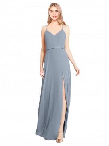 Sem Mangas Decote V Chiffon Azul Empoeirado Comprimento Chão Vestidos de Festa Mais Barato