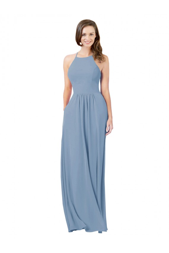 Sem Mangas Cabeçada Chiffon Azul Empoeirado Comprimento Chão Vestidos de Madrinha Mais Barato