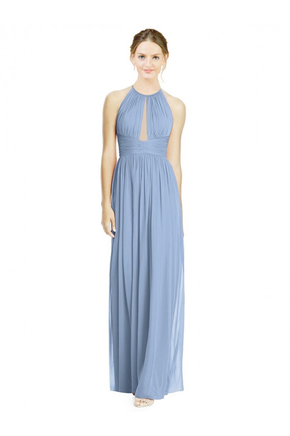 Sem Mangas Cabeçada Chiffon Azul Empoeirado Comprimento Chão Vestido de Madrinha / Vestido Formais Mais Barato