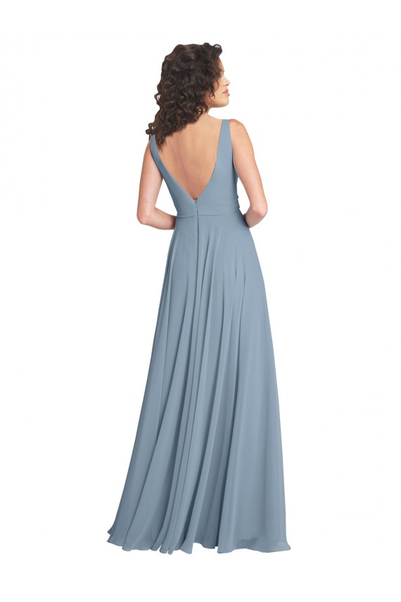 Sem Mangas Decote V Chiffon Azul Empoeirado Comprimento Chão Vestidos de Festa / Vestidos de Madrinha Mais Barato