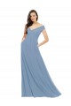 Sem Mangas Fora do Ombro Chiffon Azul Empoeirado Comprimento Chão Vestido de Madrinha Mais Barato