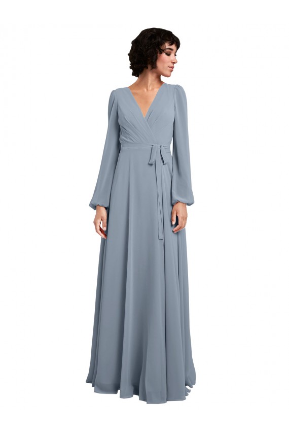 Mangas Compridas Decote V Chiffon Azul Empoeirado Comprimento Chão Vestidos de Madrinha Mais Barato