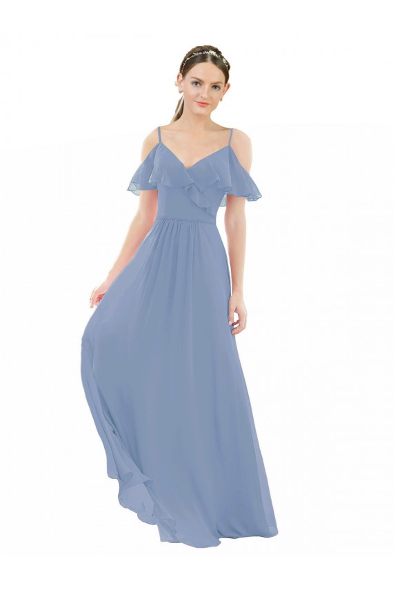 Mangas Curtas Decote V Chiffon Azul Empoeirado Comprimento Chão Vestido de Madrinha Mais Barato