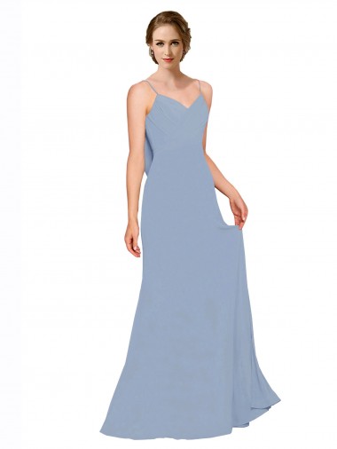 Sem Mangas Amor Chiffon Azul Empoeirado Comprimento Chão Vestidos Formais / Vestidos de Madrinha Mais Barato