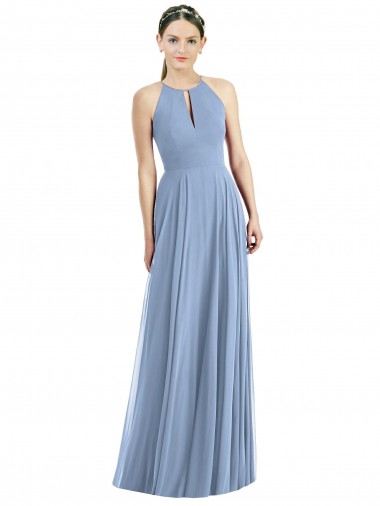 Sem Mangas Cabeçada Chiffon Azul Empoeirado Comprimento Chão Vestido de Madrinha / Vestido de Noite Mais Barato