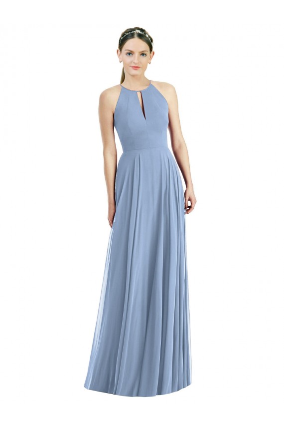Sem Mangas Cabeçada Chiffon Azul Empoeirado Comprimento Chão Vestido de Madrinha / Vestido de Noite Mais Barato