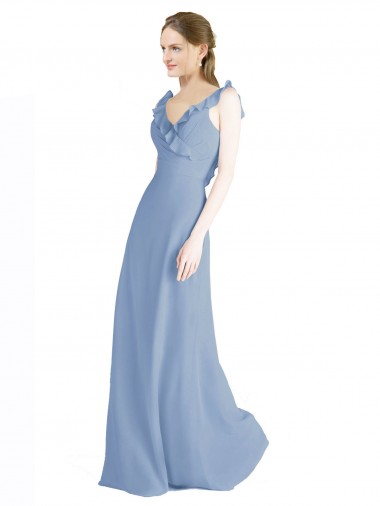 Sem Mangas Decote V Chiffon Azul Empoeirado Comprimento Chão Vestidos de Madrinha Mais Barato
