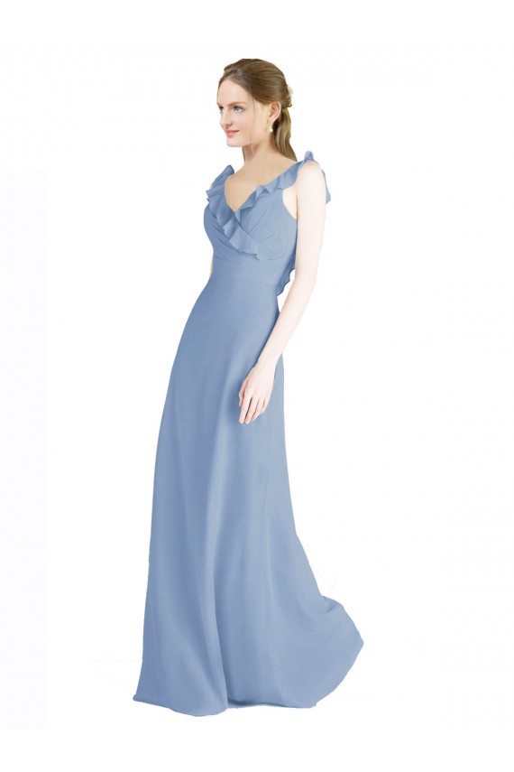 Sem Mangas Decote V Chiffon Azul Empoeirado Comprimento Chão Vestidos de Madrinha Mais Barato
