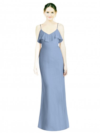 Sem Mangas Decote V Chiffon Azul Empoeirado Comprimento Chão Linha A Longo Vestidos de Madrinha Mais Barato