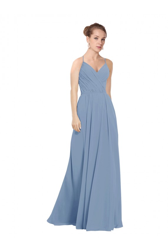 Sem Mangas Decote V Chiffon Azul Empoeirado Comprimento Chão Costas em V Vestidos de Madrinha Mais Barato