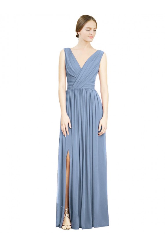 Sem Mangas Decote V Chiffon Azul Empoeirado Comprimento Chão Longo Vestidos de Madrinha Mais Barato