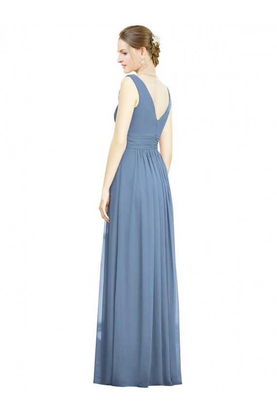 Sem Mangas Decote V Chiffon Azul Empoeirado Comprimento Chão Longo Vestidos de Madrinha Mais Barato