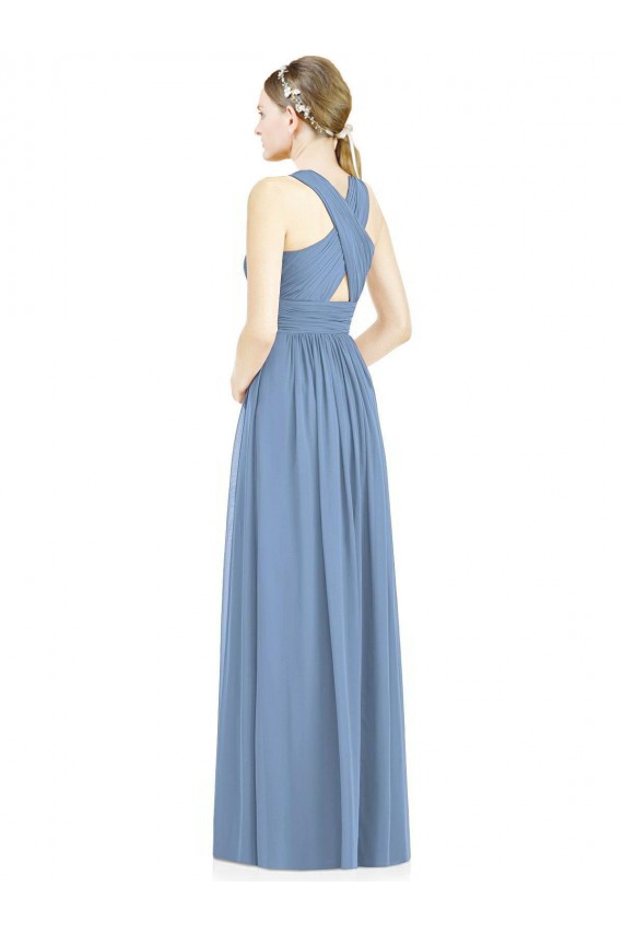 Sem Mangas Decote V Chiffon Azul Empoeirado Comprimento Chão Vestidos Formais / Vestidos de Madrinha Mais Barato