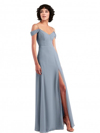 Sem Mangas Decote V Chiffon Azul Empoeirado Comprimento Chão Longo Vestido de Noite / Vestidos de Madrinha Mais Barato