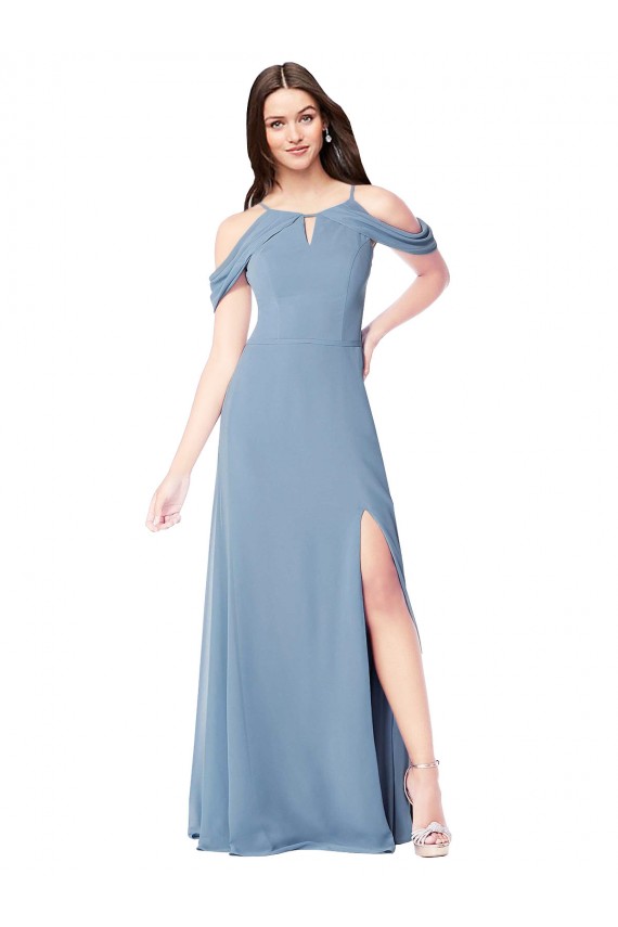 Sem Mangas Fora do Ombro Chiffon Azul Empoeirado Comprimento Chão Vestidos de Madrinha Mais Barato