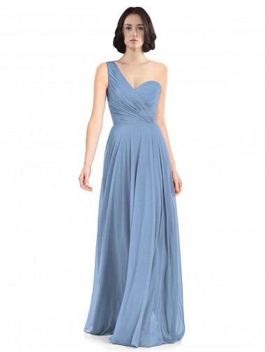 Sem Mangas Um Ombro Chiffon Azul Empoeirado Comprimento Chão Vestidos de Festa / Vestidos de Madrinha Mais Barato