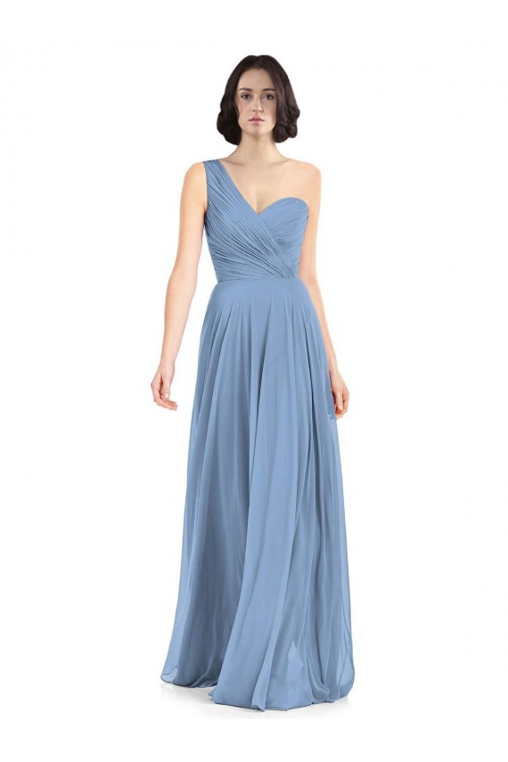 Sem Mangas Um Ombro Chiffon Azul Empoeirado Comprimento Chão Vestidos de Festa / Vestidos de Madrinha Mais Barato