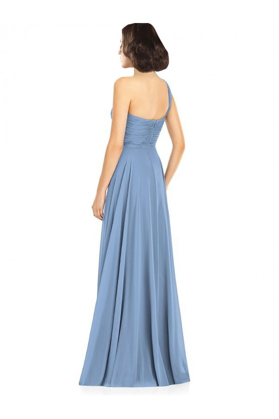 Sem Mangas Um Ombro Chiffon Azul Empoeirado Comprimento Chão Vestidos de Festa / Vestidos de Madrinha Mais Barato