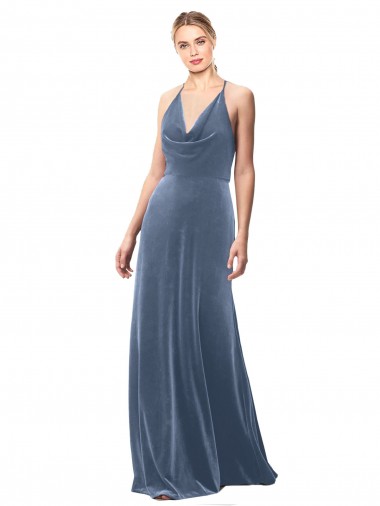 Sem Mangas Decote Capuz Veludo Elástico Azul Empoeirado Comprimento Chão Longo Vestidos de Madrinha / Vestidos de Festa Mais Barato