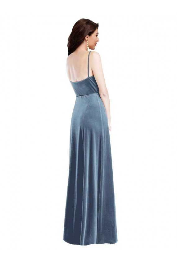 Sem Mangas Amor Veludo Elástico Azul Empoeirado Comprimento Chão Vestidos de Madrinha / Vestidos de Festa Mais Barato