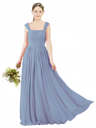 Sem Mangas Decote Quadrado Chiffon Azul Empoeirado Comprimento Chão Vestidos de Madrinha Mais Barato
