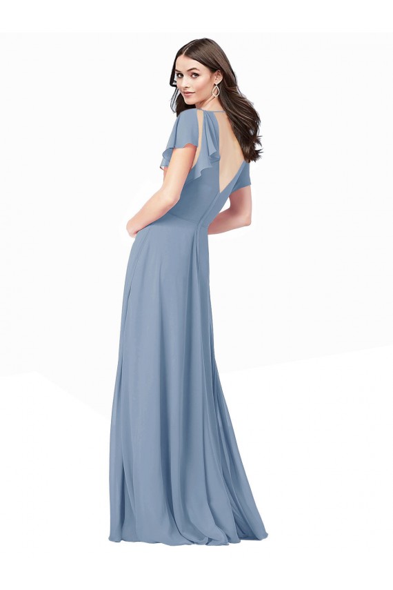 Mangas Curtas Decote V Chiffon Azul Empoeirado Comprimento Chão Vestidos de Madrinha / Vestidos de Festa Mais Barato