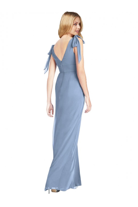 Sem Mangas Decote V Chiffon Azul Empoeirado Comprimento Chão Sereia Vestidos de Madrinha Mais Barato