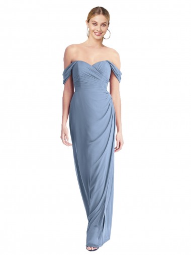 Sem Mangas Fora do Ombro Chiffon Azul Empoeirado Comprimento Chão Longo Vestidos de Madrinha Mais Barato