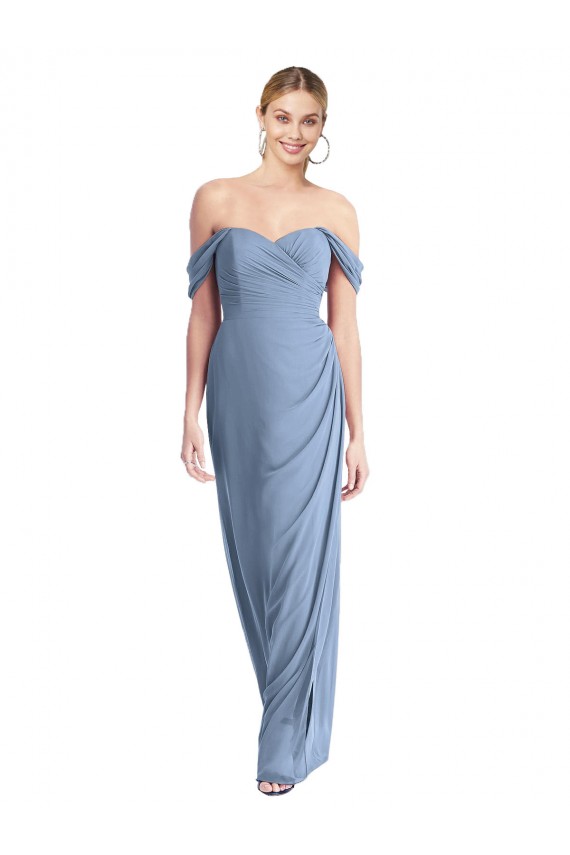 Sem Mangas Fora do Ombro Chiffon Azul Empoeirado Comprimento Chão Longo Vestidos de Madrinha Mais Barato