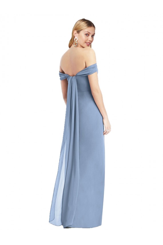 Sem Mangas Fora do Ombro Chiffon Azul Empoeirado Comprimento Chão Longo Vestidos de Madrinha Mais Barato