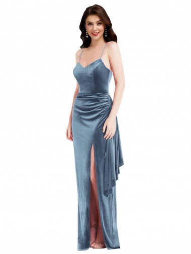 Sem Mangas Amor Veludo Elástico Azul Empoeirado Comprimento Chão Vestidos de Madrinha / Vestidos de Noite / Vestidos de Festa Mais Barato