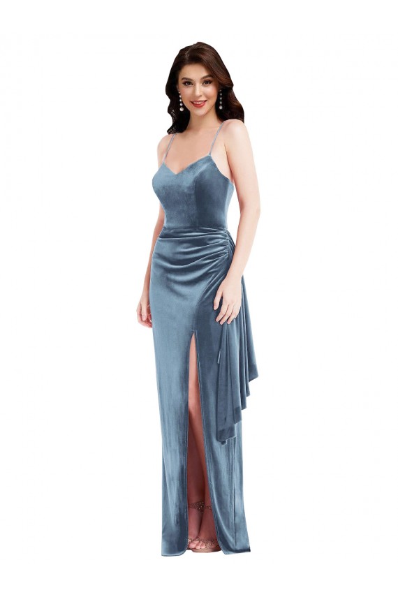 Sem Mangas Amor Veludo Elástico Azul Empoeirado Comprimento Chão Vestidos de Madrinha / Vestidos de Noite / Vestidos de Festa Mais Barato