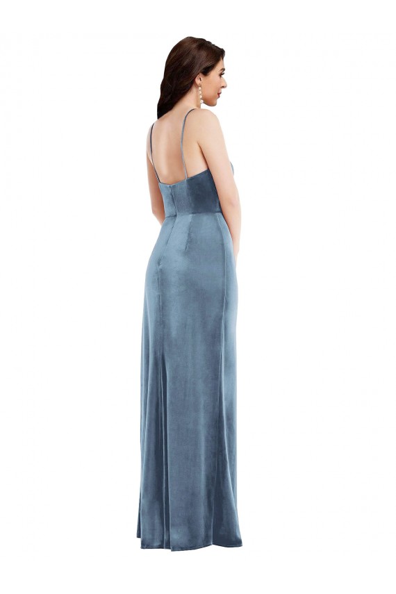 Sem Mangas Amor Veludo Elástico Azul Empoeirado Comprimento Chão Vestidos de Madrinha / Vestidos de Noite / Vestidos de Festa Mais Barato