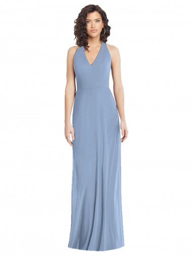 Sem Mangas Decote V Chiffon Azul Empoeirado Comprimento Chão Vestidos de Madrinha / Vestidos de Noite Mais Barato