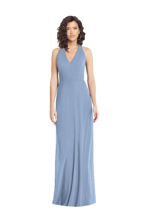 Sem Mangas Decote V Chiffon Azul Empoeirado Comprimento Chão Vestidos de Madrinha / Vestidos de Noite Mais Barato