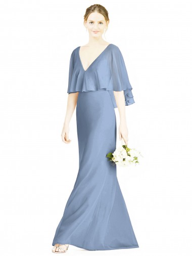 Sem Mangas Decote V Chiffon Azul Empoeirado Comprimento Chão Longo Vestido de Madrinha Mais Barato