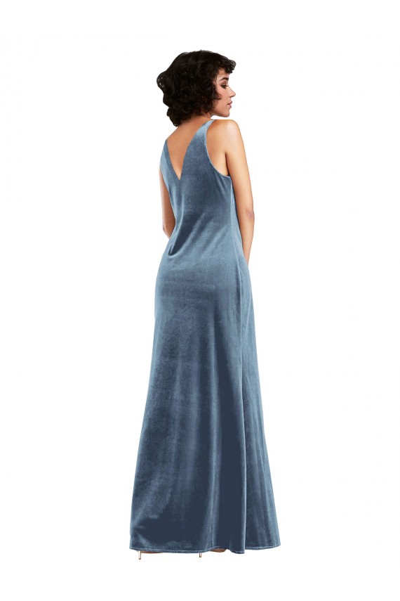 Sem Mangas Decote Capuz Veludo Elástico Azul Empoeirado Comprimento Chão Vestidos de Madrinha / Vestidos de Festa Mais Barato